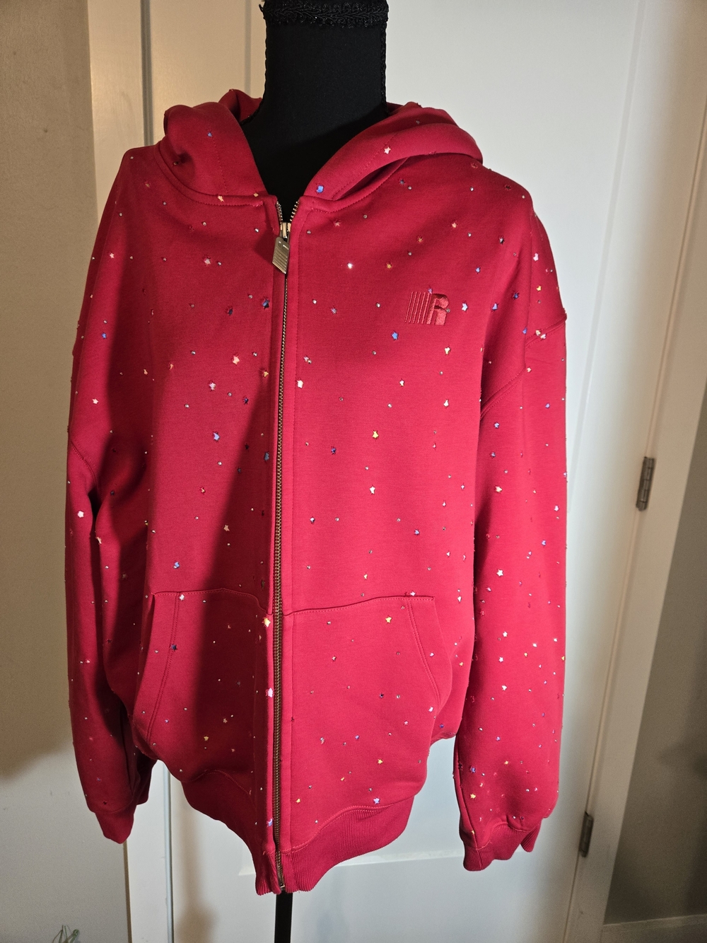 NWT FDR Studio Red All-Over Multicolor Star Zip-Up Hoodie Size L